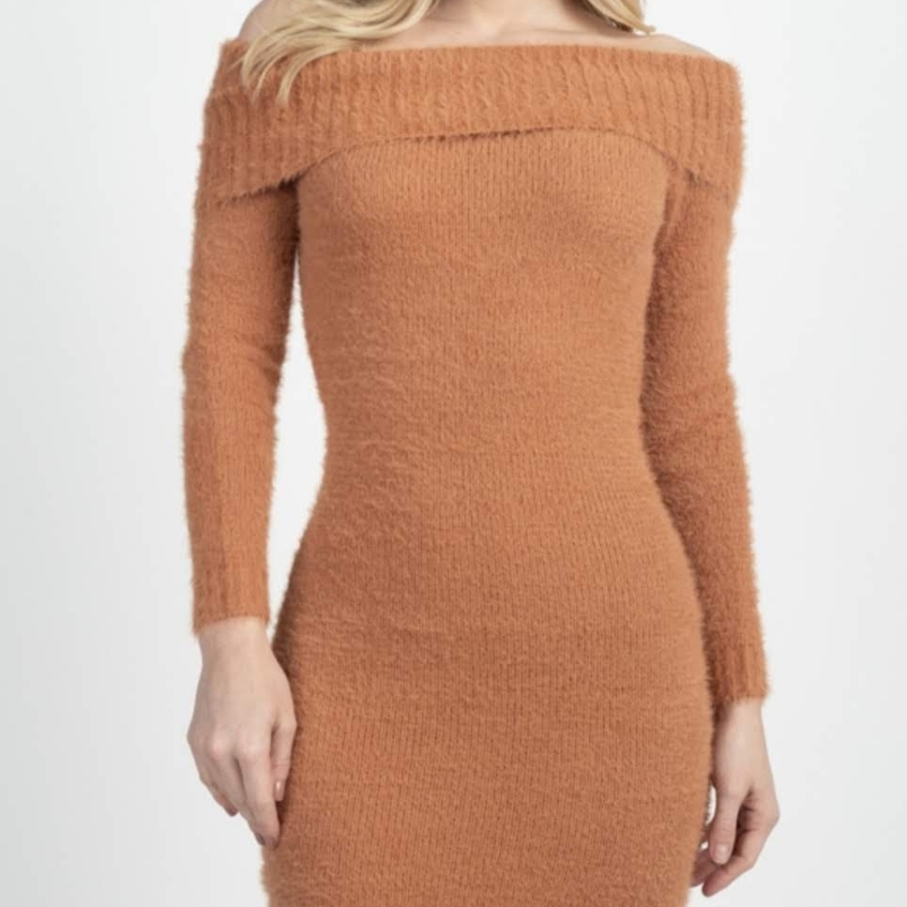 Fuzzy Off Shoulder Sweater Dress